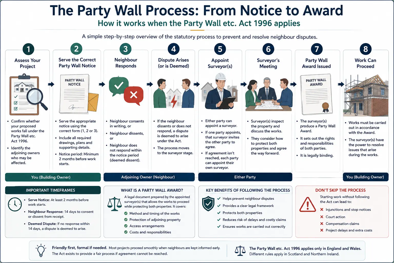 Do I Need a Party Wall Agreement? An infographic showing the party wall process from notice to award in a very interactive way for the citizens living in Richmond, UK