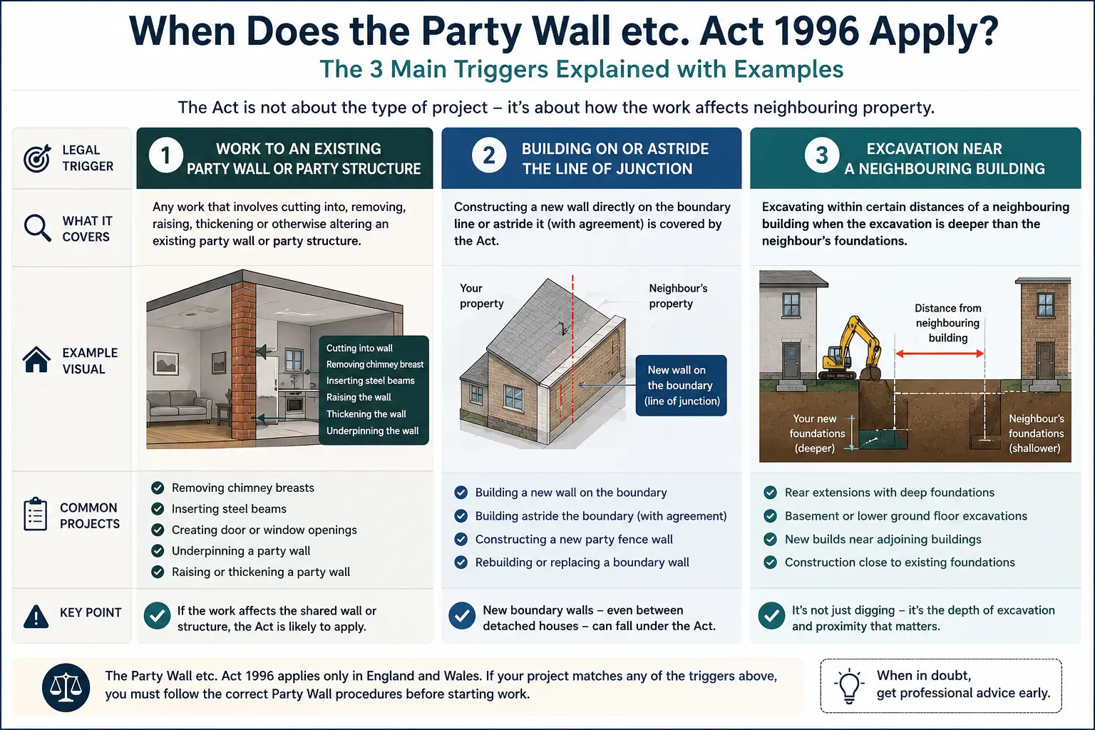 Do I Need a Party Wall Agreement? An infographic showing when does the party wall etc act 1996 apply like excavation, junction, painting, in Richmond, UK